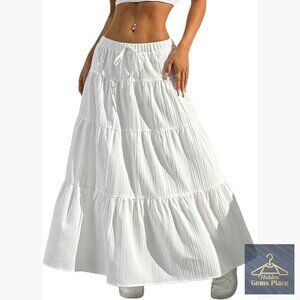 Long Maxi Skirt Boho Flowy Flared Ruffle A-Line Skirt Low Waist